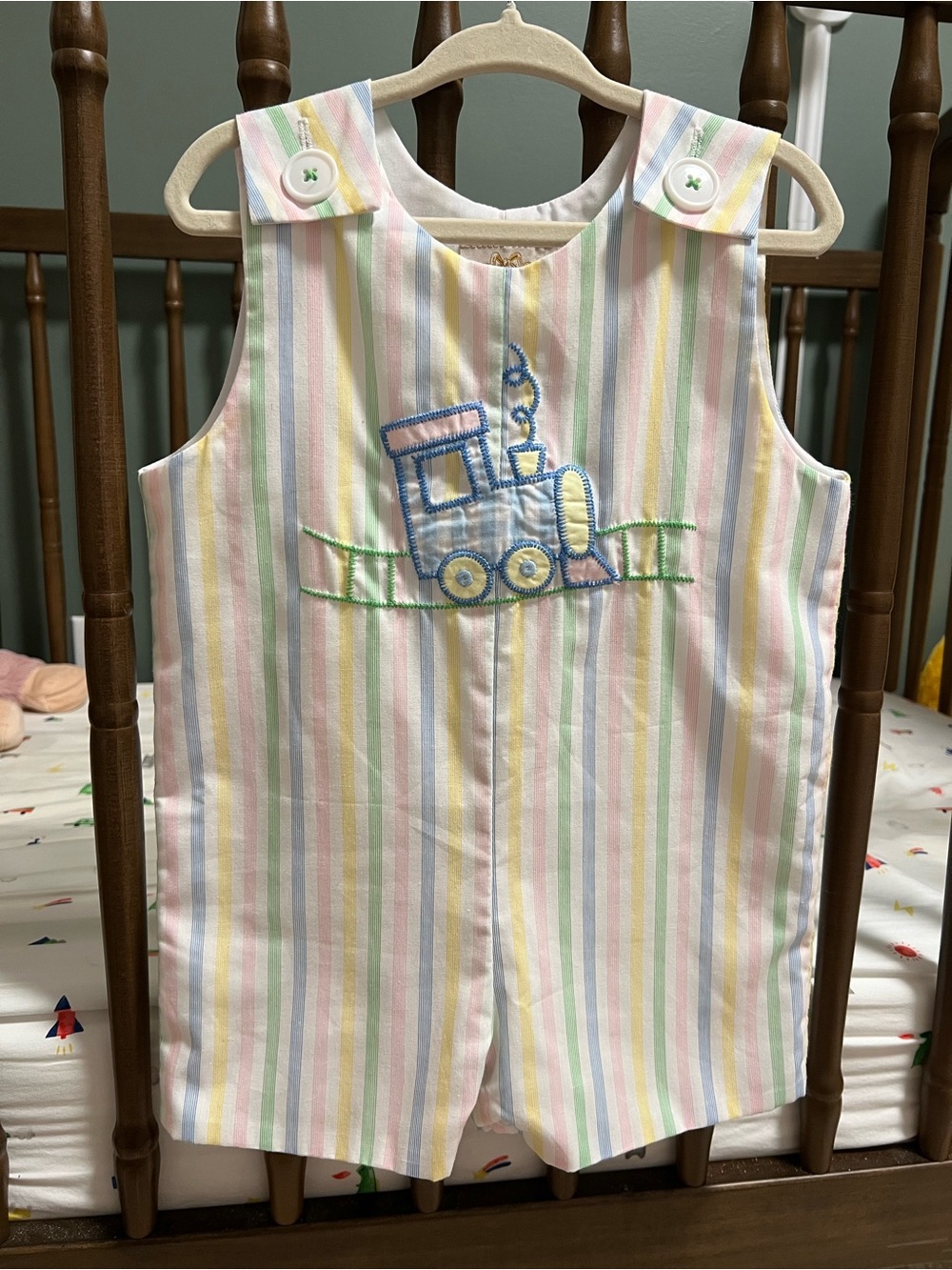 The Beaufort Bonnet Company Pastel Stripe Train Applique Boys One-Piece